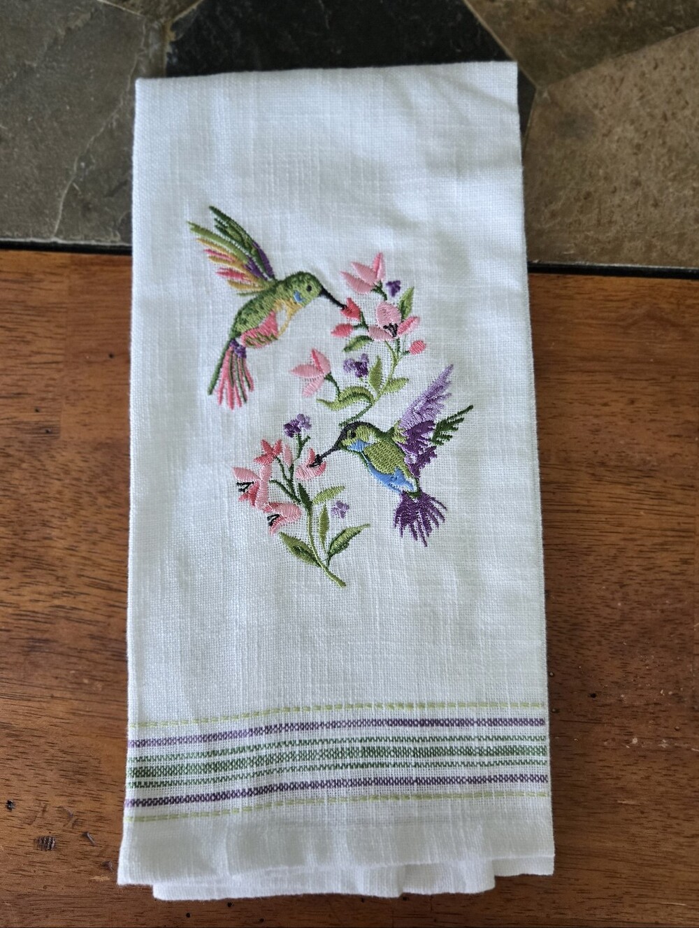 Embroidered Hummingbird Kitchen Towel - Pink & Green Floral